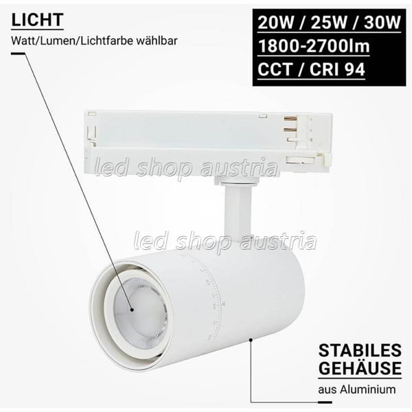 LED 3Ph. Schienenstrahler Weiß 20/25/30W CCT