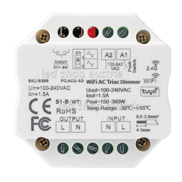 LED TRIAC Push- Dimmaktor für dimmbare 230V Leuchtmittel/Trafos, LED max. 200W