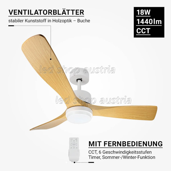 (Bild für) 18W LED Deckenventilator Buche weiß CCT