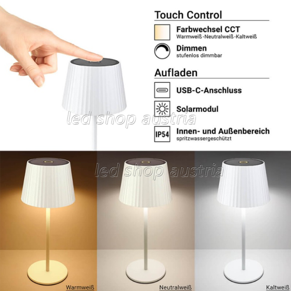 2.5W Solar Akku Tischleuchte wiederaufladbar dimmbar IP54 weiß CCT