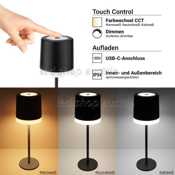 2.5W Akku Tischleuchte wiederaufladbar dimmbar IP54 schwarz CCT