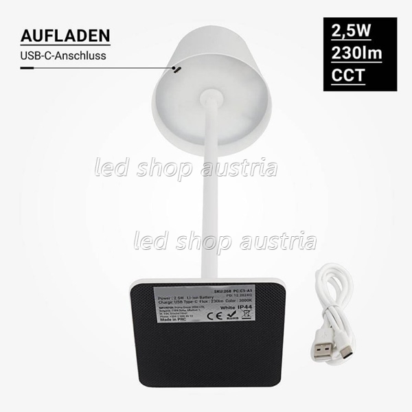 2,5W LED Tischleuchte mit Akku weiß CCT dimmbar