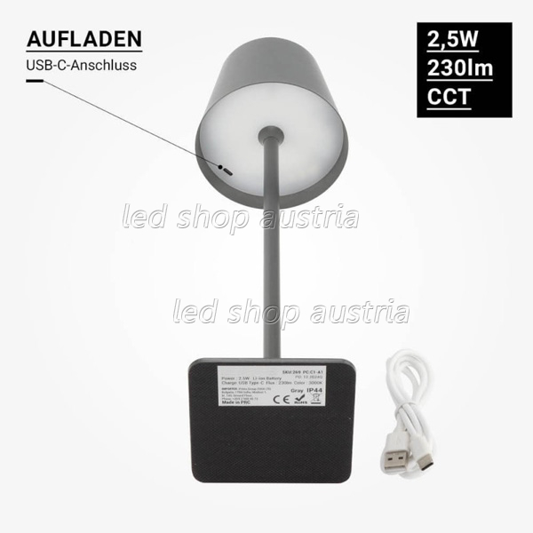 2,5W LED Tischleuchte mit Akku grau CCT dimmbar