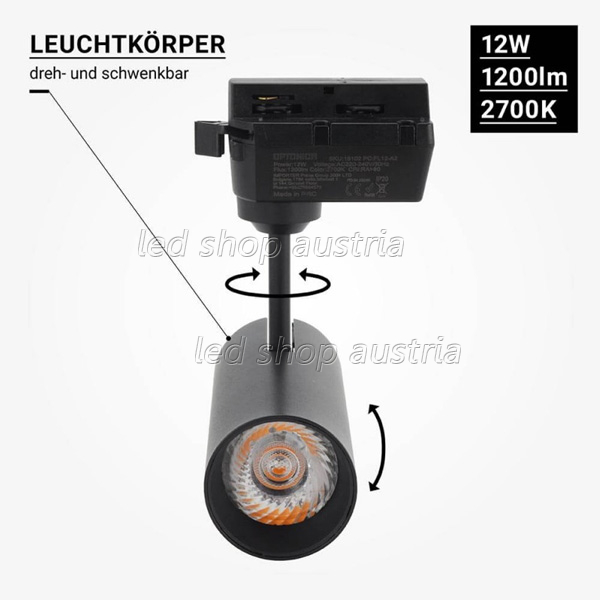 12W LED 1 Ph. Schienenstrahler schwarz warmweiß
