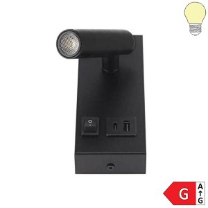 2W Wandleuchte Spot 38° schwarz mit Schalter und USB warmweiß