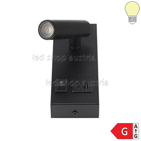2W Wandleuchte Spot 38° schwarz mit Schalter und USB warmweiß