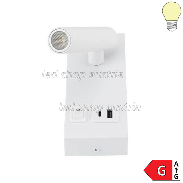 2W Wandleuchte Spot 38° weiß mit Schalter und USB warmweiß