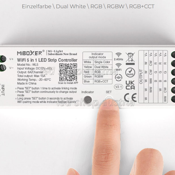 (Bild für) LED WIFI RGB-W-WW, CCT und Single Color Universal Receiver (5in1) 12-48V Tuya fähig