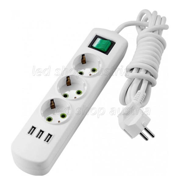 Steckdosenleiste mit Schalter und USB Anschlüssen 3-fach 3m Kabel 250V/16A